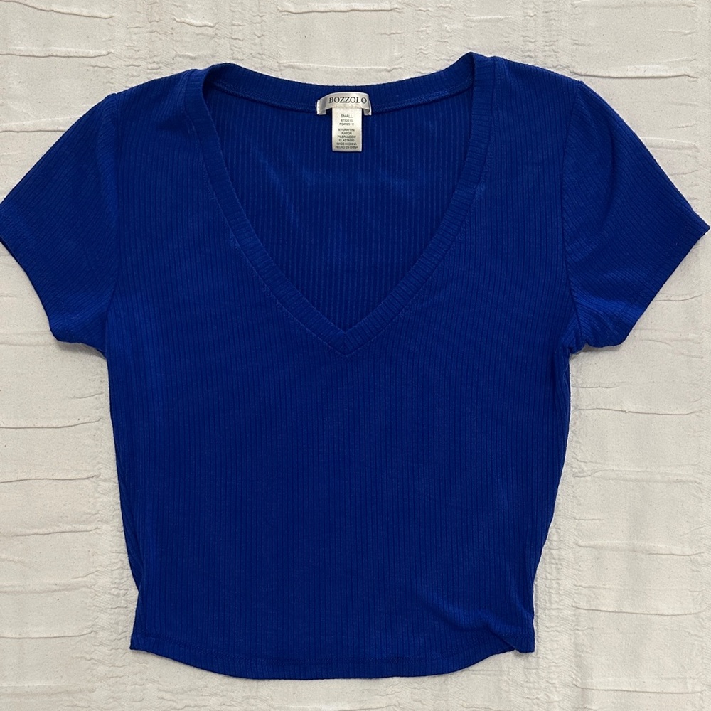 Bozzolo Royal Blue Short Sleeve Ribbed V-Neck Tee